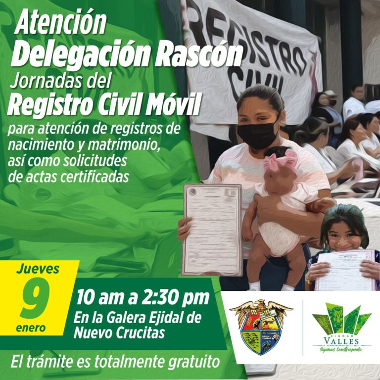 SE REACTIVARÁ JORNADA DEL REGISTRO CIVIL MÓVIL EN LA DELEGACIÓN DE RASCÓN ESTE 9 DE ENERO