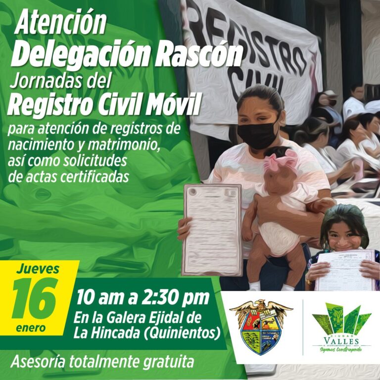 SERVICIOS DEL REGISTRO CIVIL MÓVIL LLEGARÁN A LA HINCADA ESTE 16 DE ENERO