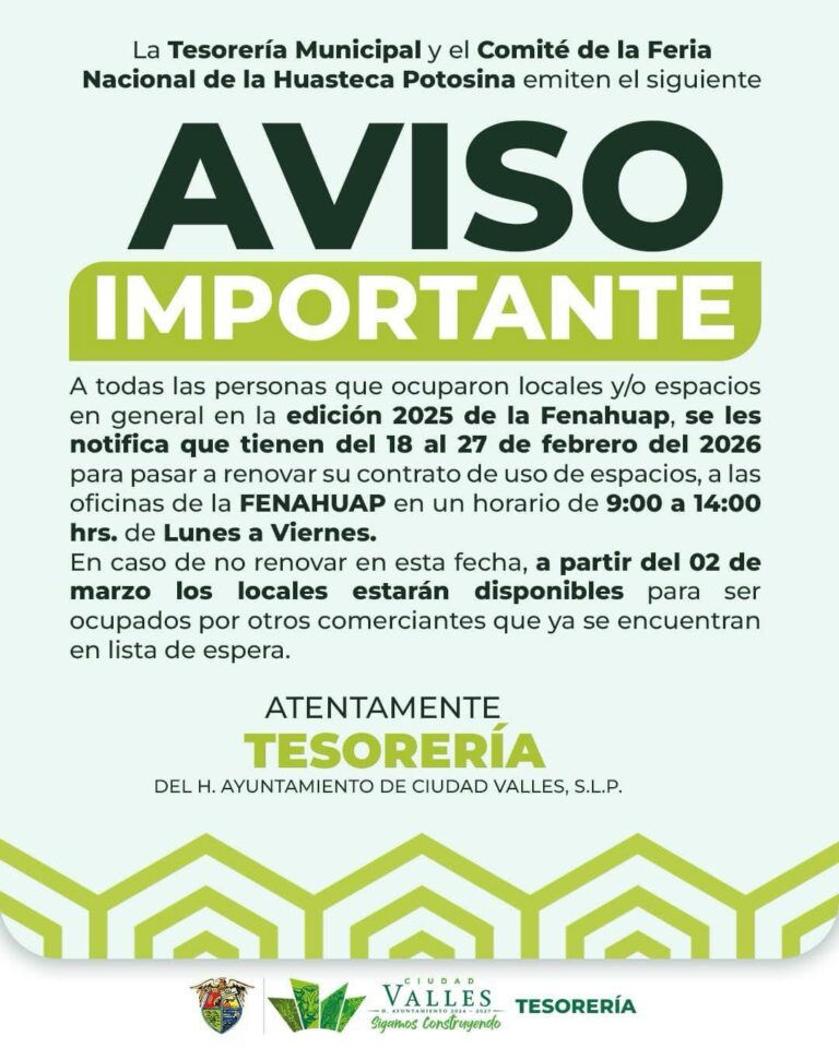 TESORERÍA MUNICIPAL Y FENAHUAP INFORMAN RENOVACIÓN DE CONTRATOS PARA ESPACIOS DE LA FERIA 2025